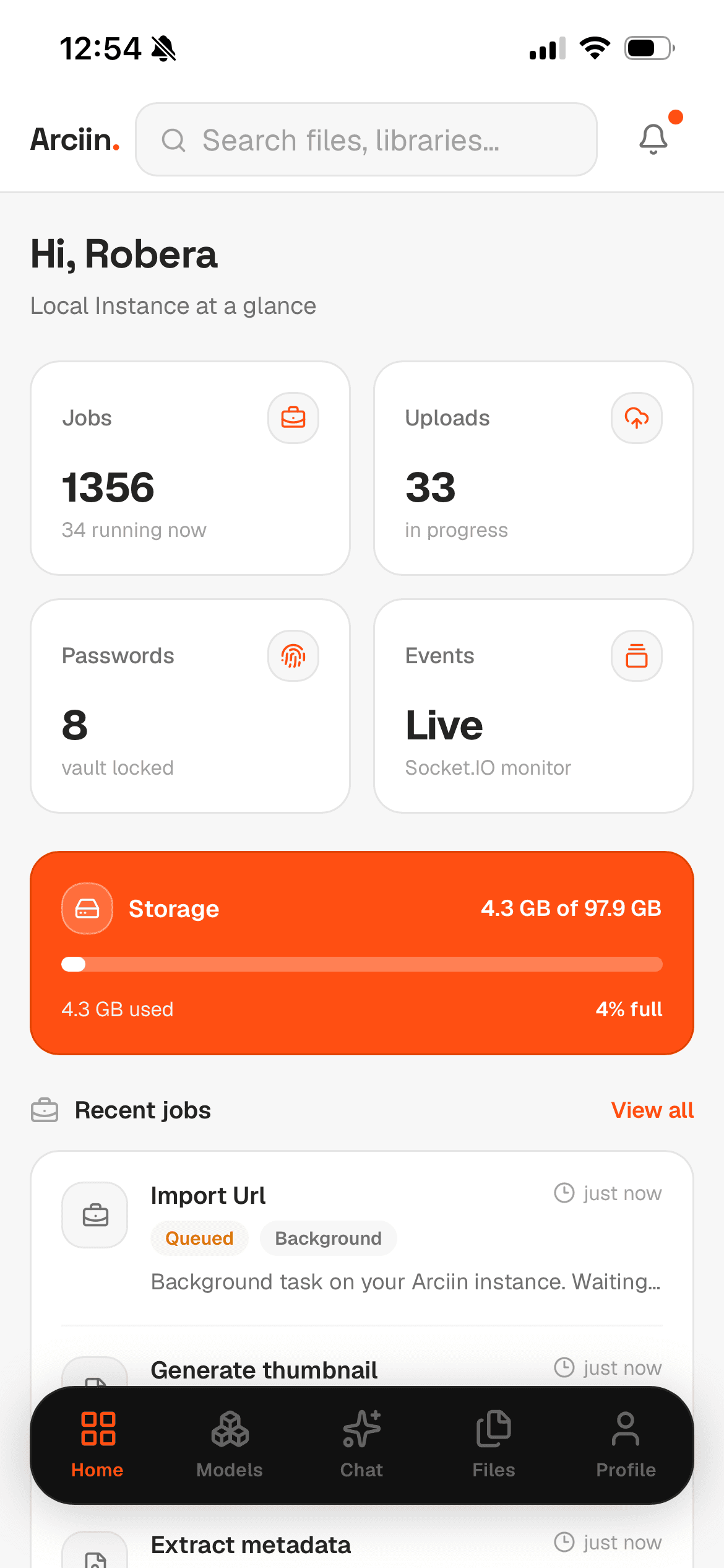 Arciin mobile PWA — home overview with jobs, uploads, storage, and live events