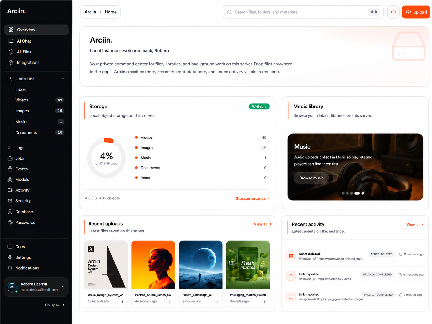 Arciin desktop command center — libraries, storage, uploads, and live activity