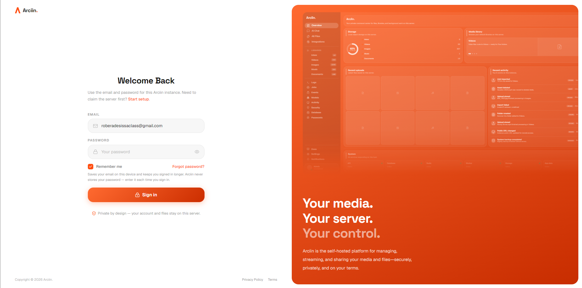 Arciin setup — claim your instance and create the first administrator account